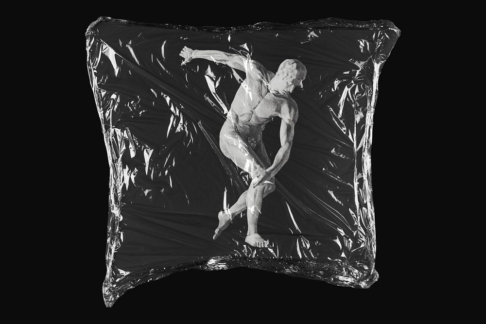 Naked man sculpture, plastic wrap isolated on black design. Remixed by rawpixel.