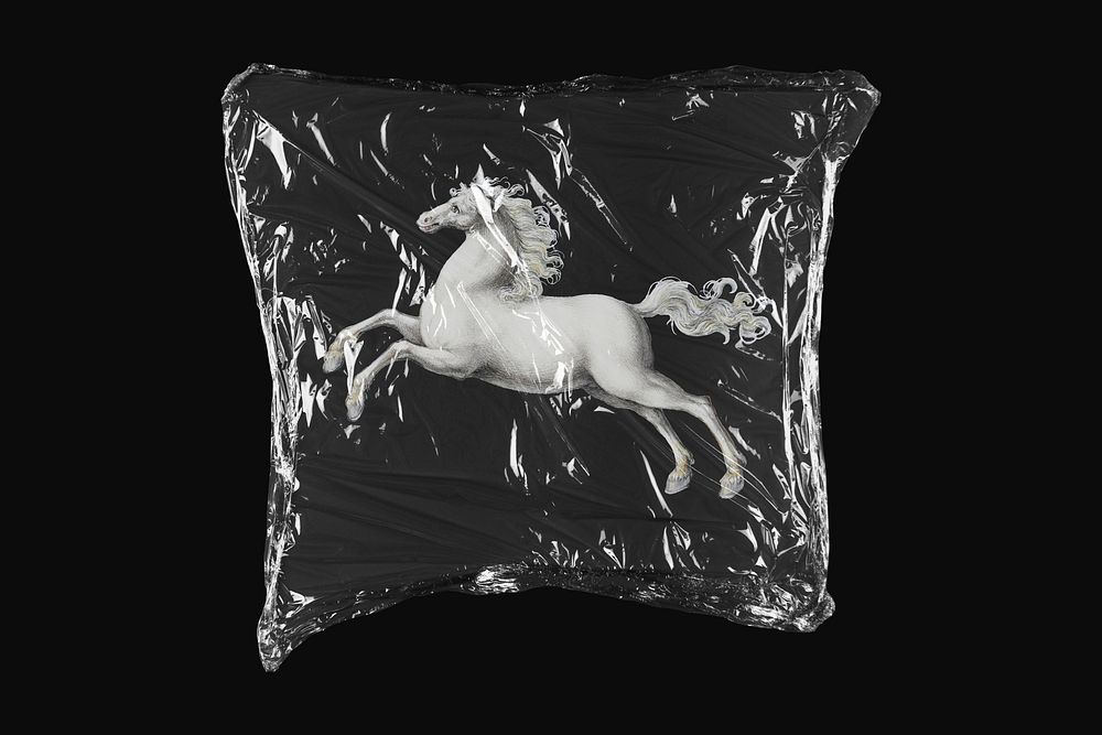 White horse, plastic wrap isolated on black design. Remixed by rawpixel.