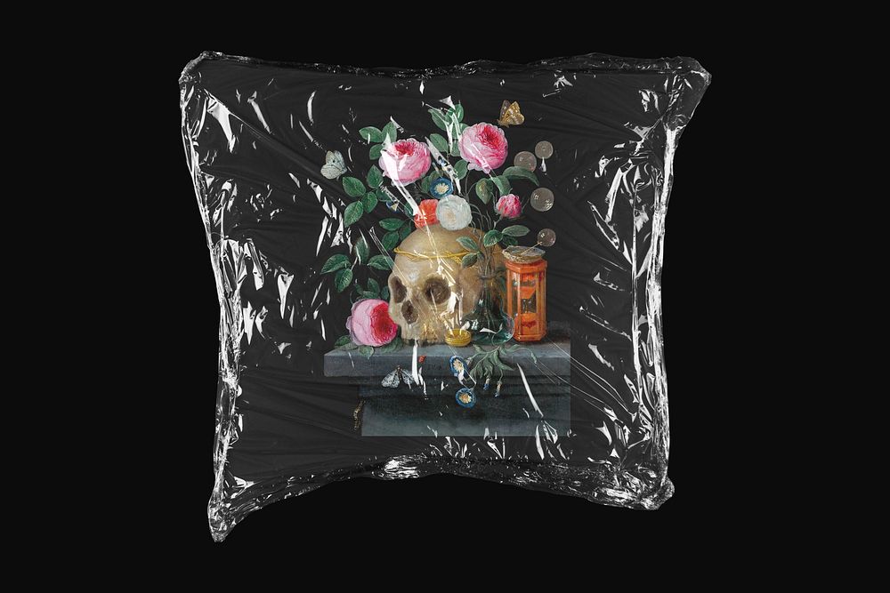 Vanitas skull still life, Jan van Kessel's artwork in plastic wrap isolated on black design. Remixed by rawpixel.
