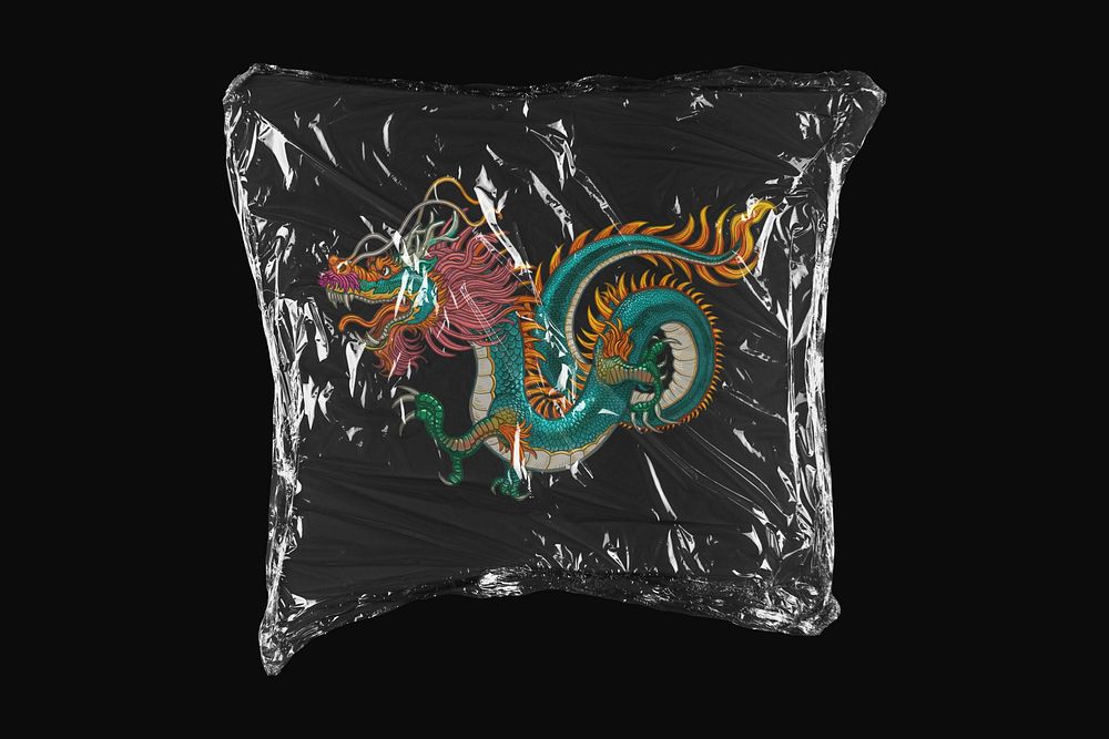 Chinese dragon, plastic wrap isolated on black design. Remixed by rawpixel.
