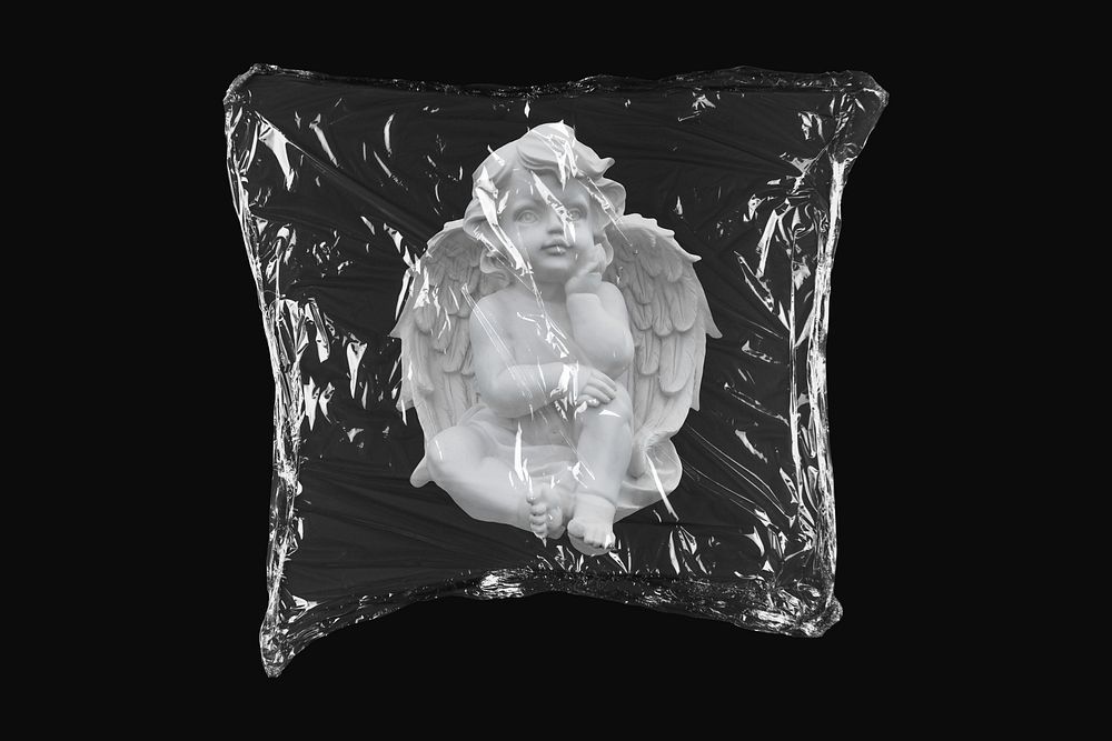 Cherub sculpture, plastic wrap isolated on black design. Remixed by rawpixel.
