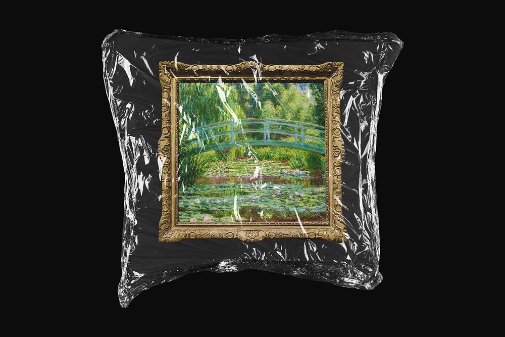Framed Monet&rsquo;s bridge, plastic wrap isolated on black design. Remixed by rawpixel.