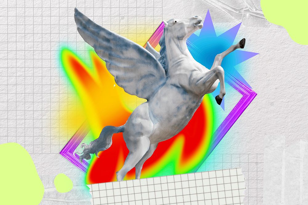 Pegasus collage art, colorful gradient shape tape design
