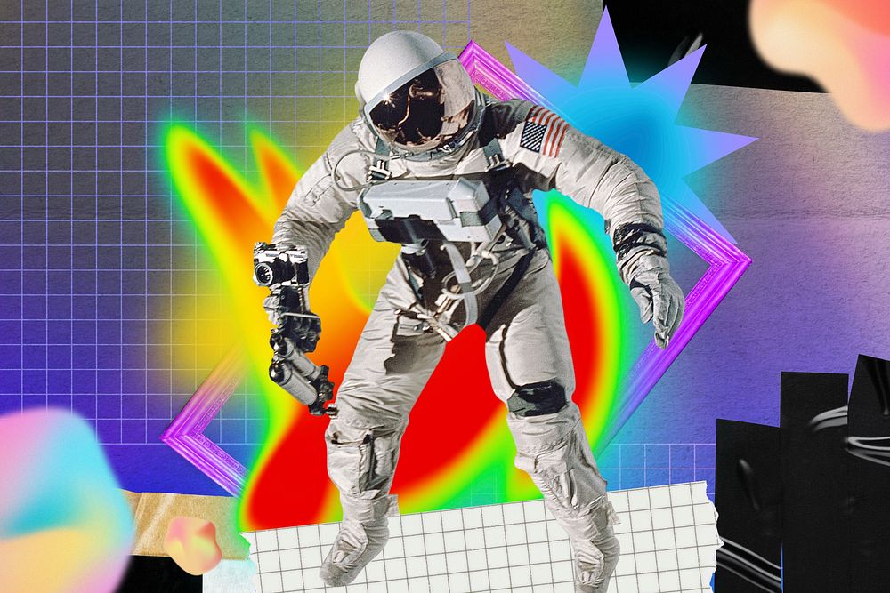 Astronaut collage art, colorful gradient shape tape design