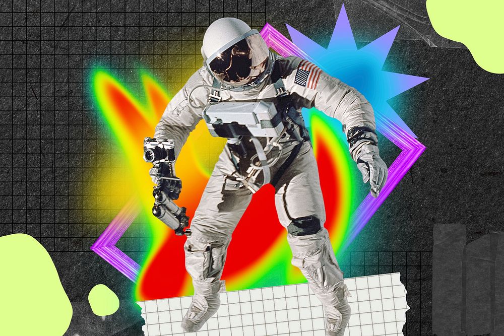 Astronaut collage art, colorful gradient shape tape design