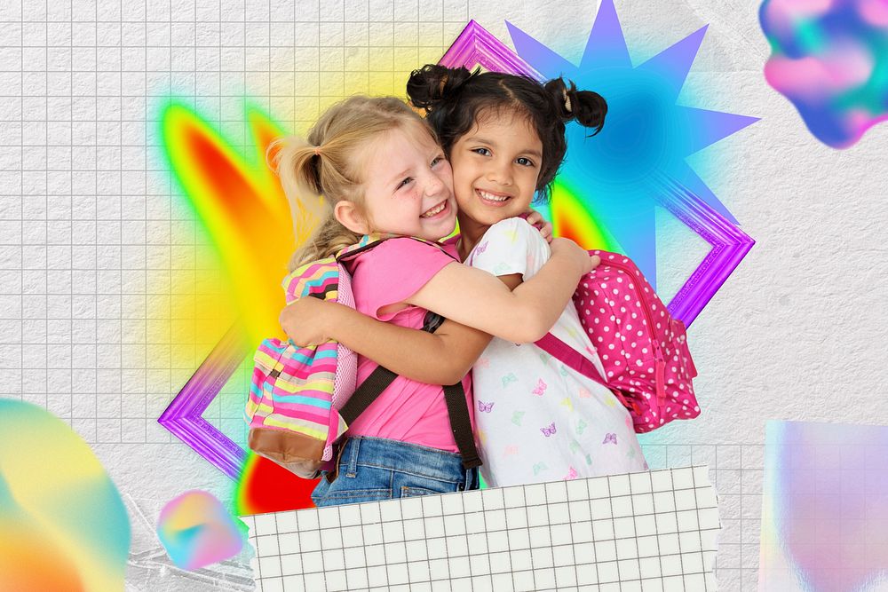 Happy kids collage art, colorful gradient shape tape design