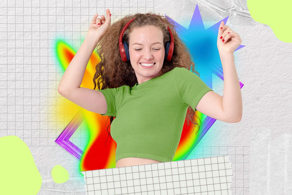 Woman dancing collage art, colorful gradient shape tape design