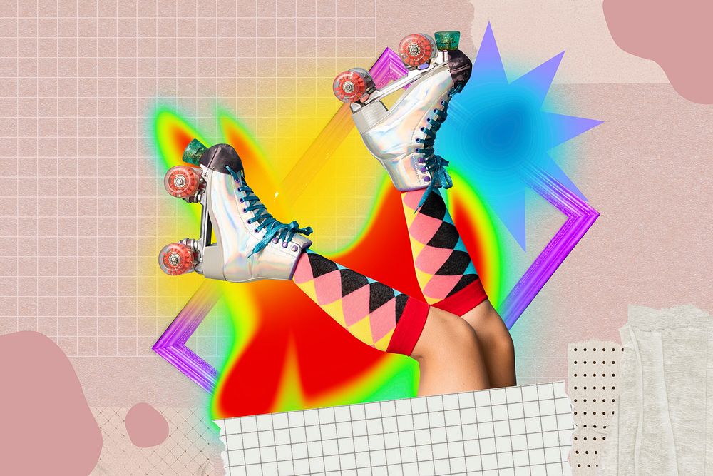 Roller skate collage art, colorful gradient shape tape design