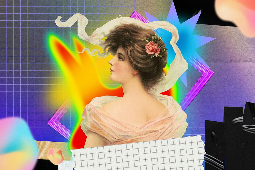 Beautiful lady collage art, colorful gradient shape tape design