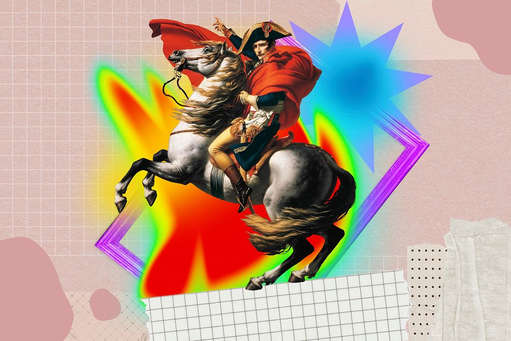 Knight riding horse collage art, colorful gradient shape tape design
