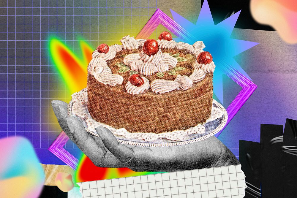 Cake dessert collage art, colorful gradient shape tape design