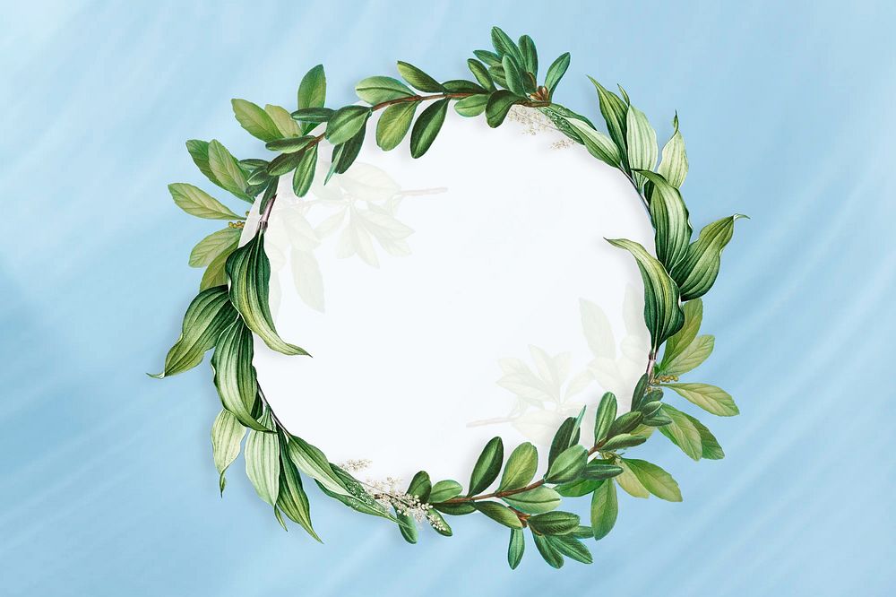 Leaf round frame blue background