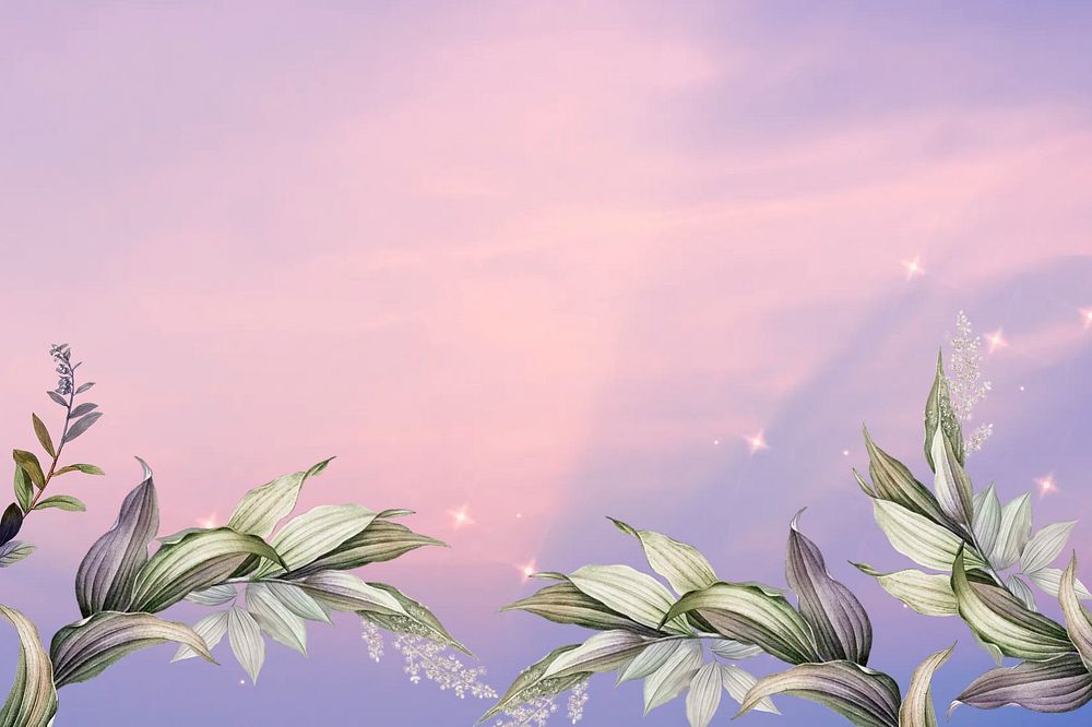 Pastel purple sky background, tree branch border