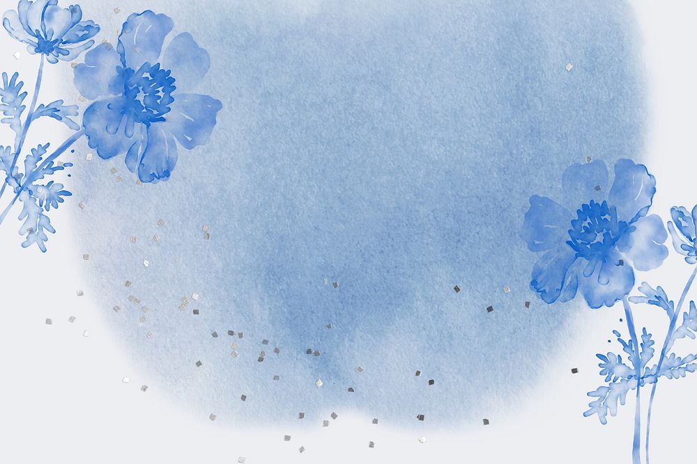 Blue watercolor flower background, botanical border