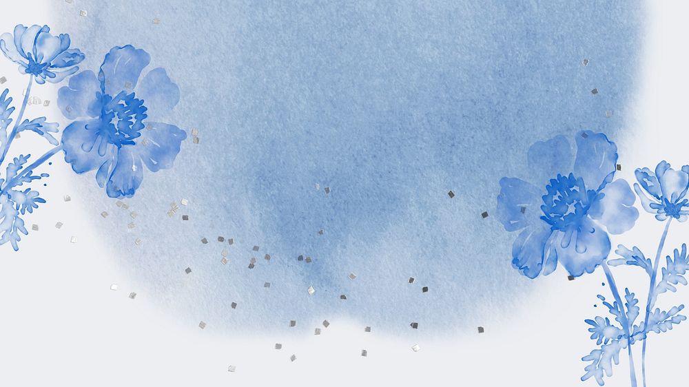 Blue watercolor flower computer wallpaper, botanical border