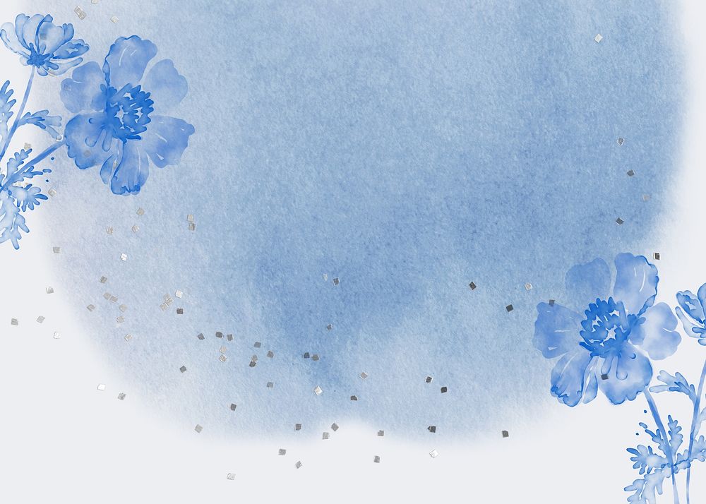 Blue watercolor flower background, botanical border