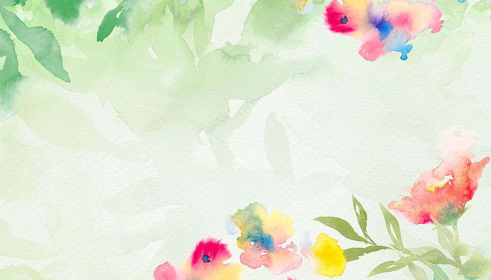 Green watercolor aesthetic background, flower border