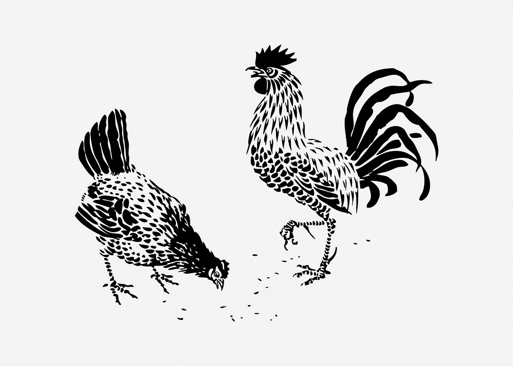 Rooster and hen collage element vector. Free public domain CC0 image.