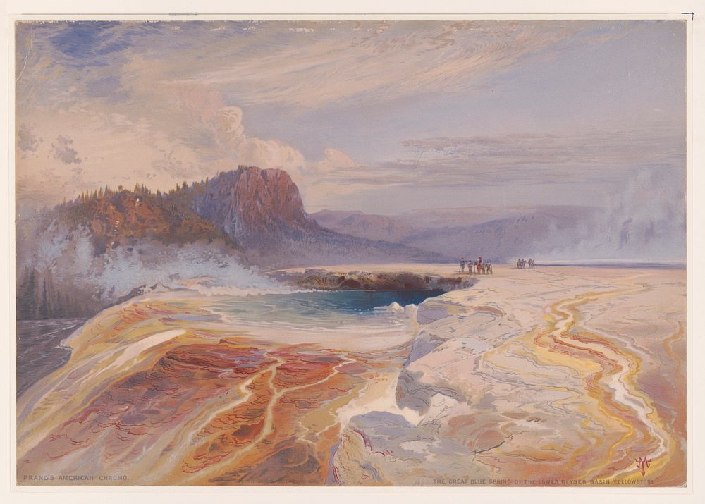 The Great Blue Spring of the Lower geyser basin, yellowstone  TM ; Prang's American Chromo. (1875) by Moran, Thomas