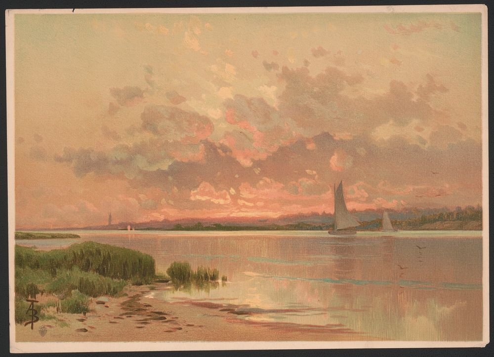 Sunset, Shinnecock Bay  ATB monogram ; by A.T. Bricher. (1887) by Bricher, Alfred Thompson