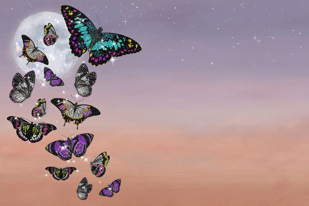 Dreamy butterflies background, full moon surreal design