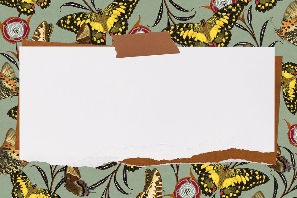 Ripped note paper background, E.A. S&eacute;guy's butterfly pattern, remixed by rawpixel.