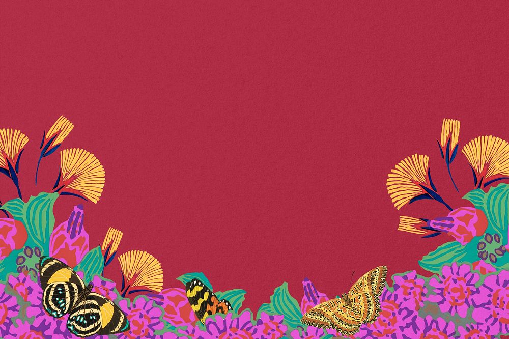 Butterfly flower background, red colorful design, remixed from the artwork of E.A. S&eacute;guy.