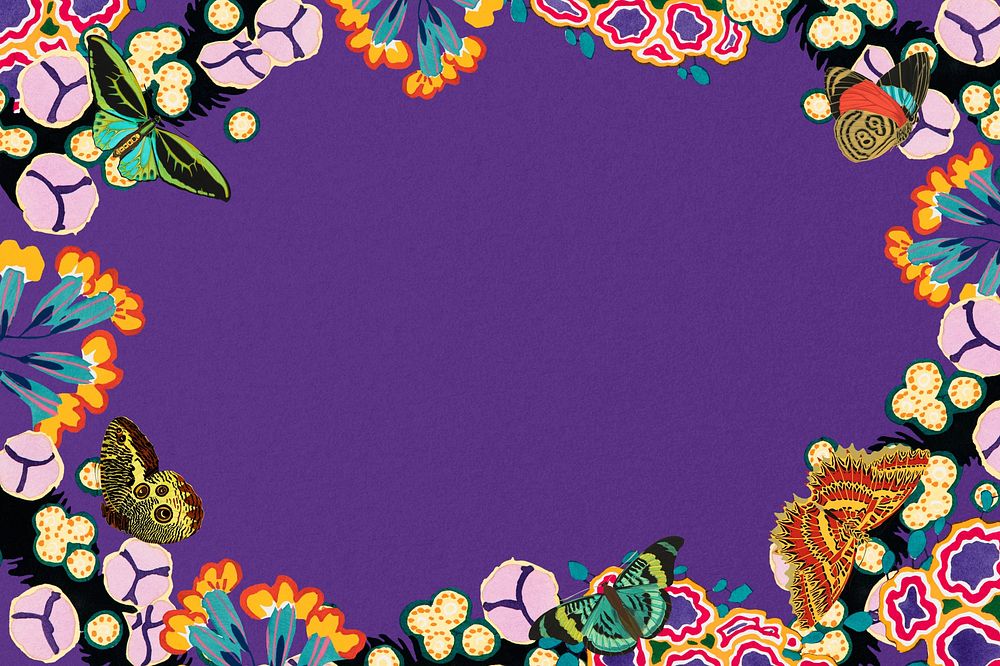 Butterfly flower frame background, purple design, remixed from the artwork of E.A. S&eacute;guy.