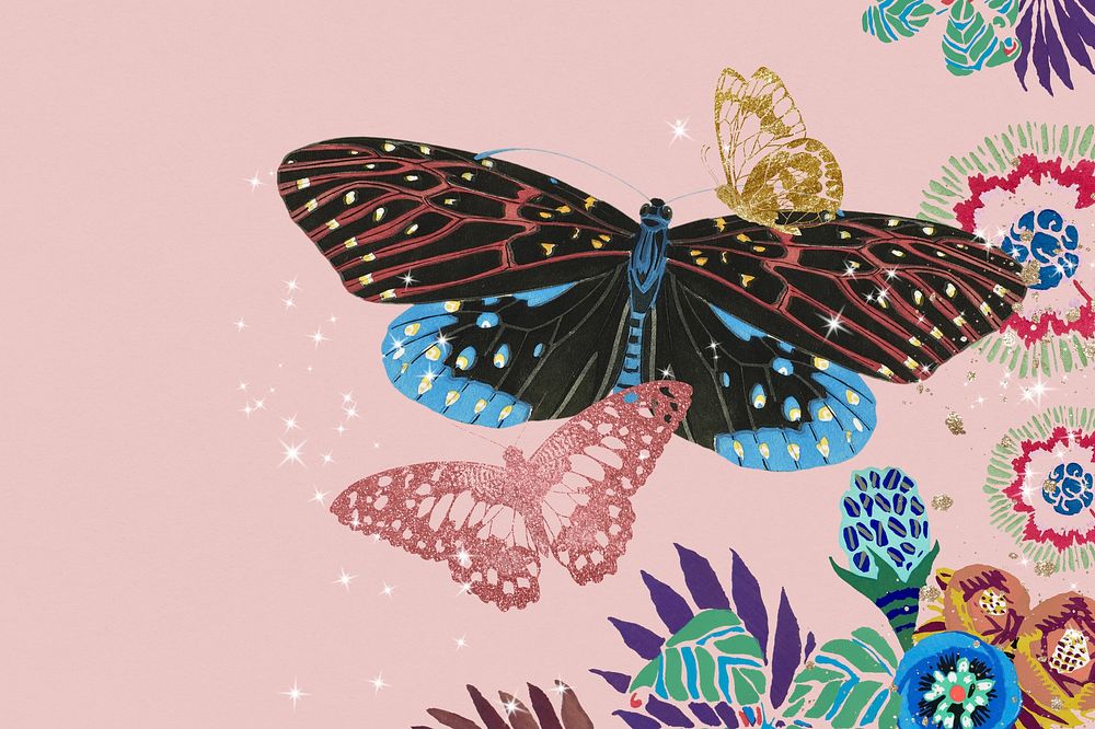 Pink aesthetic butterfly background, vintage insect border, remixed from the artwork of E.A. S&eacute;guy.