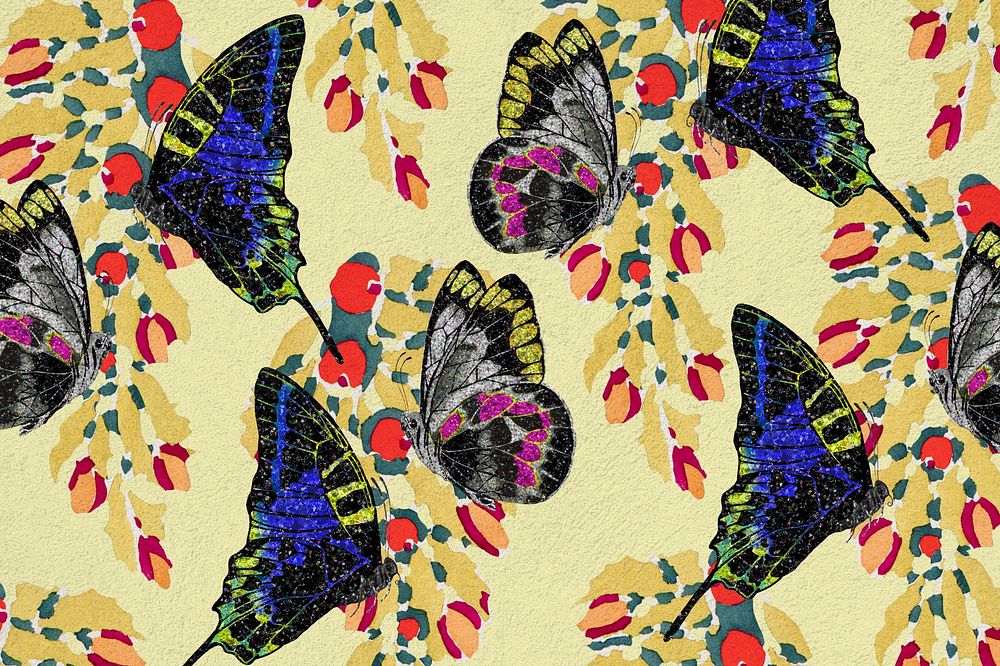 Vintage botanical butterfly background, yellow pattern, remixed from the artwork of E.A. S&eacute;guy.