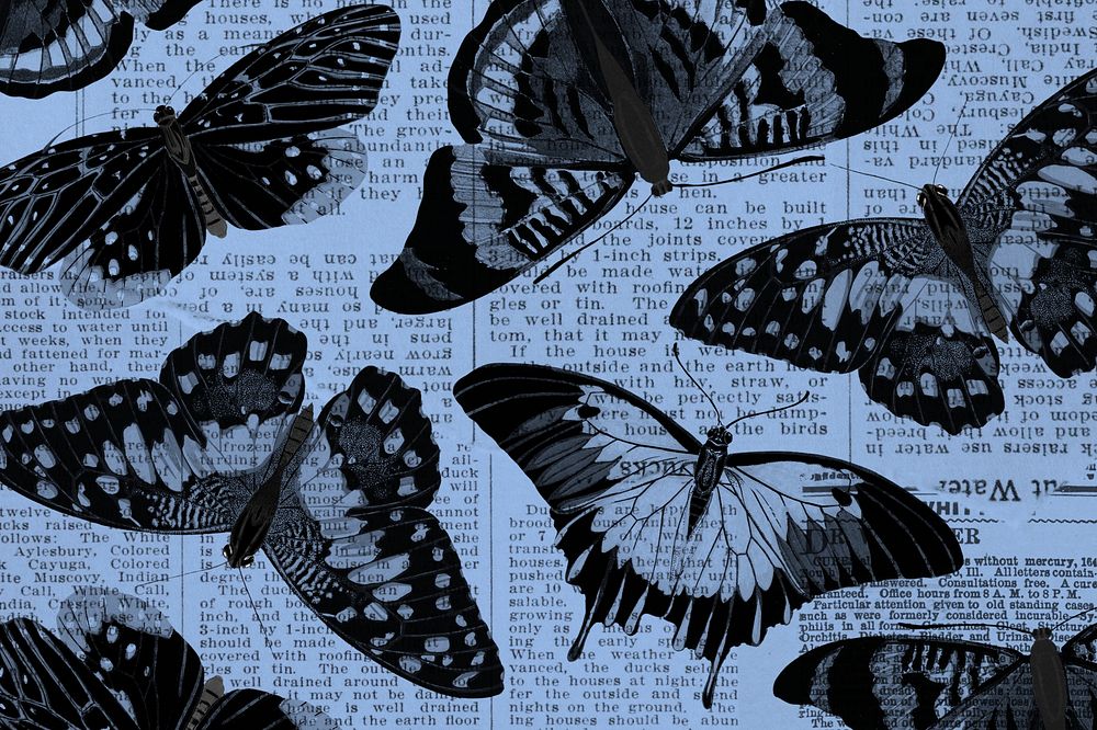 Blue butterfly patterned background, vintage insect, remixed from the artwork of E.A. S&eacute;guy.