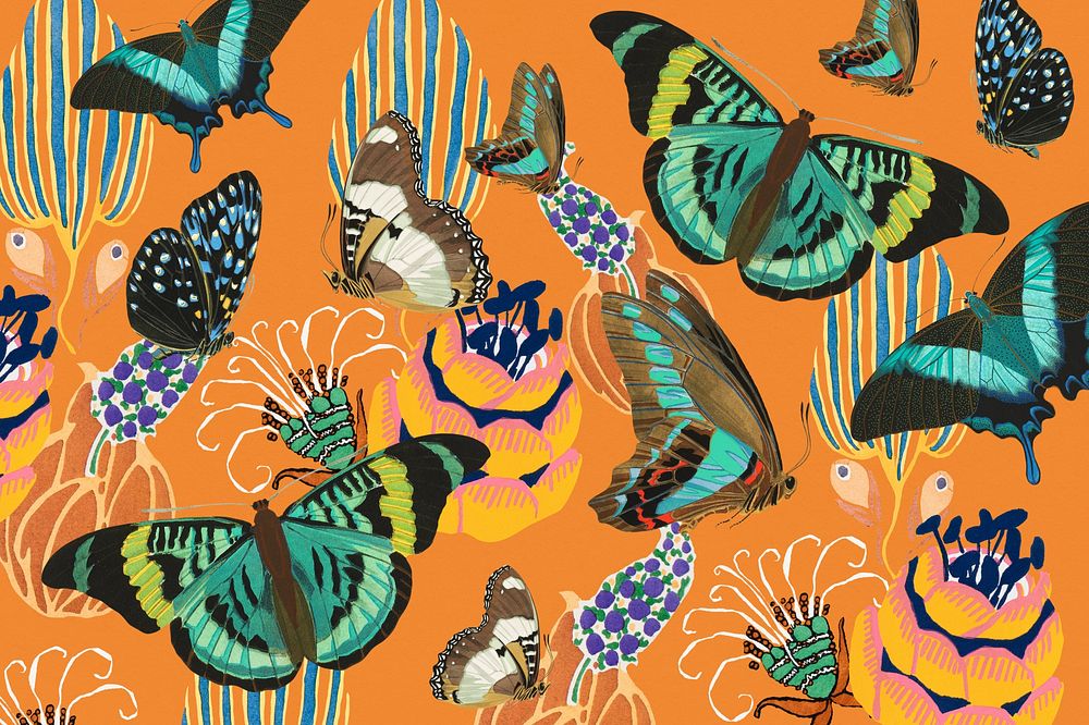 Exotic botanical butterfly background, orange pattern, remixed from the artwork of E.A. S&eacute;guy.