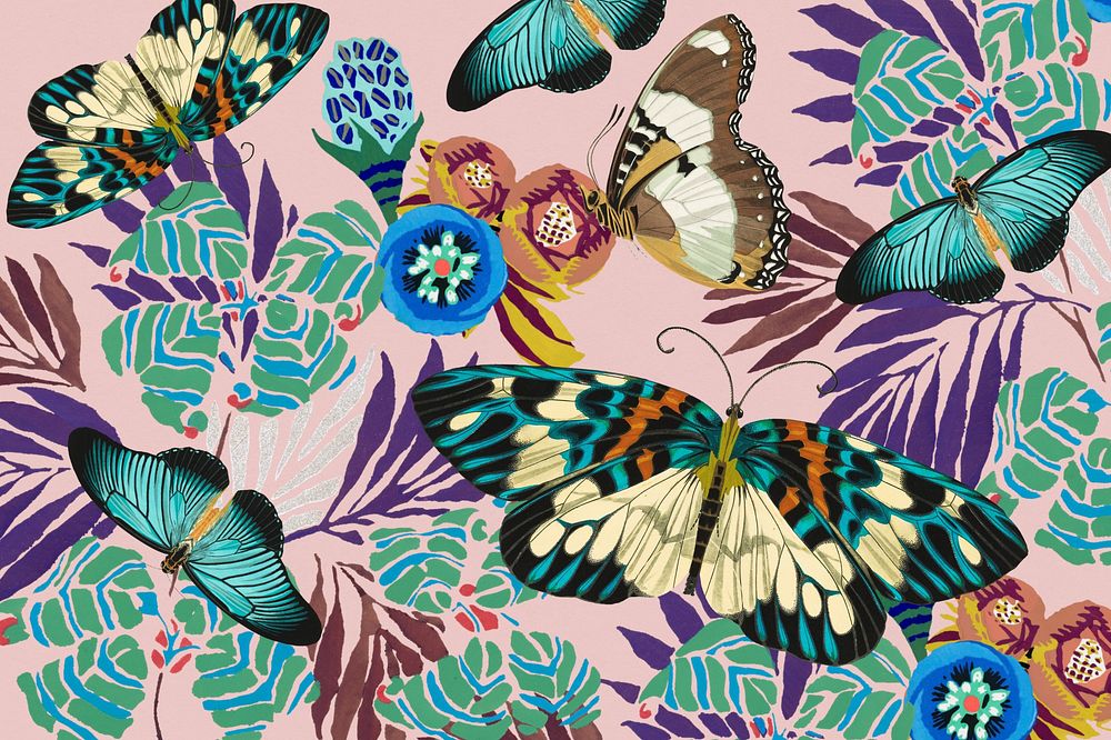 Exotic botanical butterfly background, vintage pattern, remixed from the artwork of E.A. S&eacute;guy.