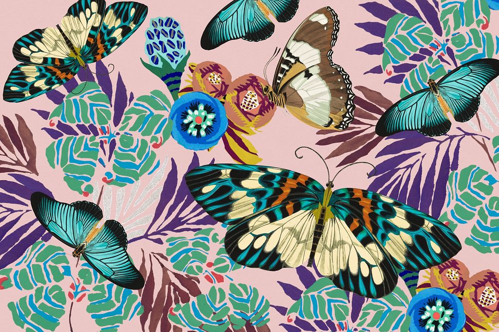 Exotic botanical butterfly background, vintage pattern, remixed from the artwork of E.A. Séguy.