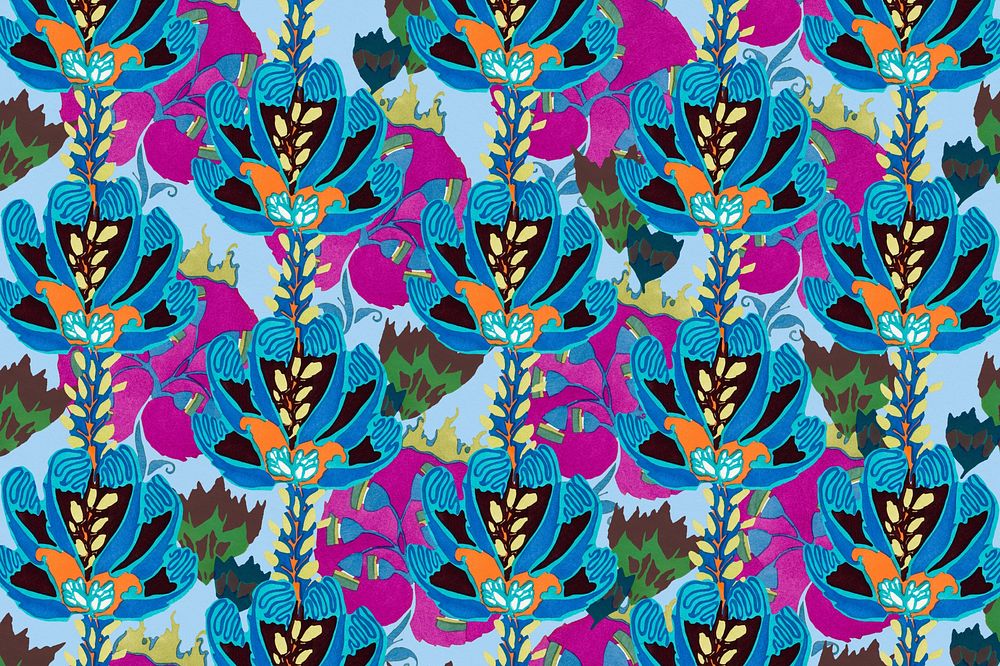 Blue flower patterned background, vintage flower illustration, remixed from the artwork of E.A. S&eacute;guy.