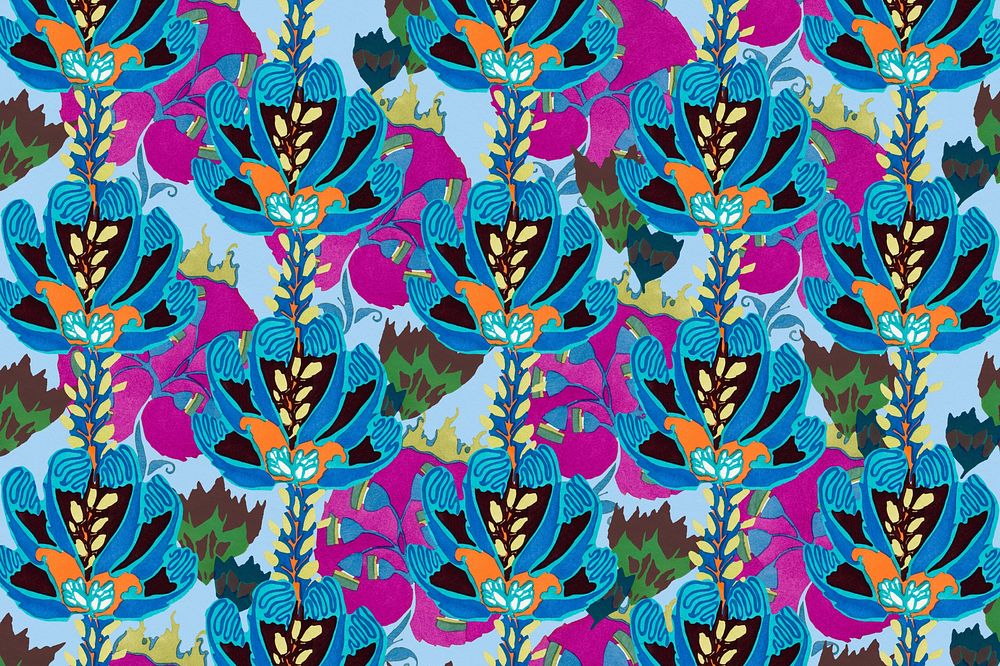 Blue flower patterned background, vintage flower illustration, remixed from the artwork of E.A. Séguy.