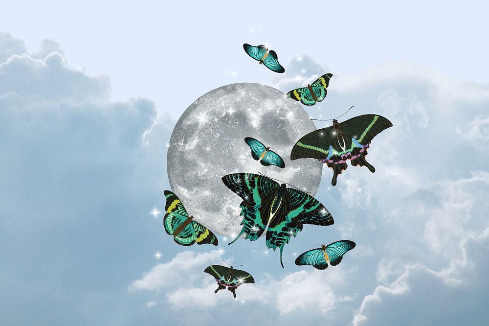 Aesthetic full moon background, butterflies sky, remixed from the artwork of E.A. Séguy.