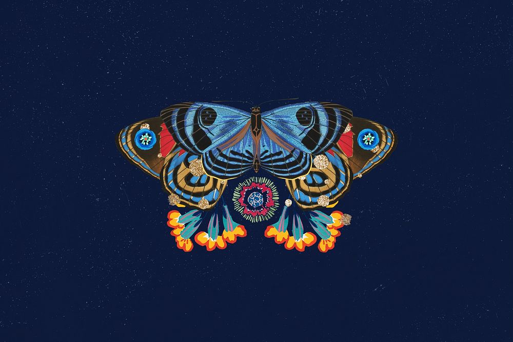 Vintage butterfly background, dark blue design, remixed from the artwork of E.A. Séguy.