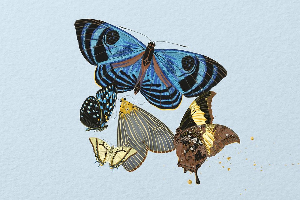 Blue vintage butterflies background, textured design, remixed from the artwork of E.A. S&eacute;guy.