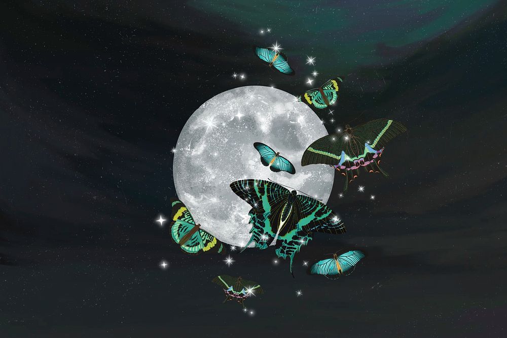 Aesthetic full moon background, butterflies sky, remixed from the artwork of E.A. Séguy.