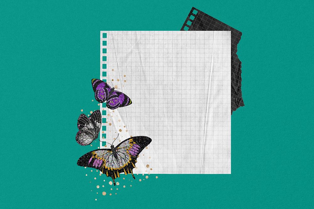 Aesthetic note paper background, E.A. Séguy's butterfly illustration, remixed by rawpixel.