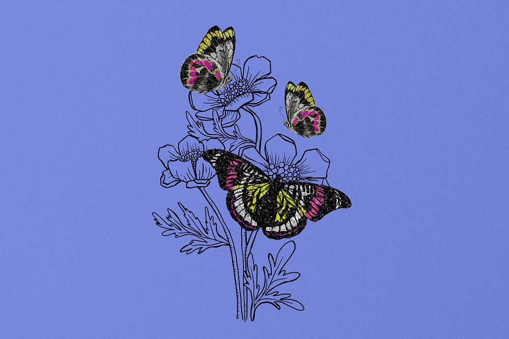 Vintage floral butterfly background, purple textured design, remixed from the artwork of E.A. Séguy.