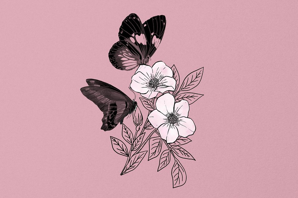 Vintage floral butterfly background, pink textured design, remixed from the artwork of E.A. S&eacute;guy.