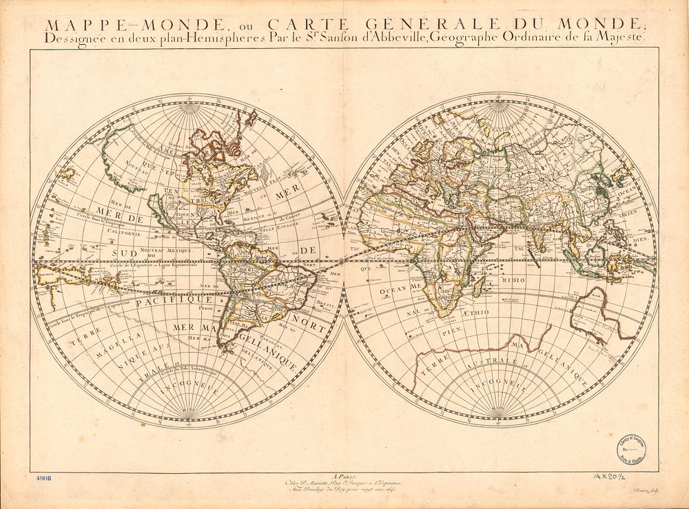 Mappe-Monde, ou Carte Generale Du Monde; Dessignee en deux plan-Hemispheres par le Sr. Sanson d'Abbeville, Geographe…