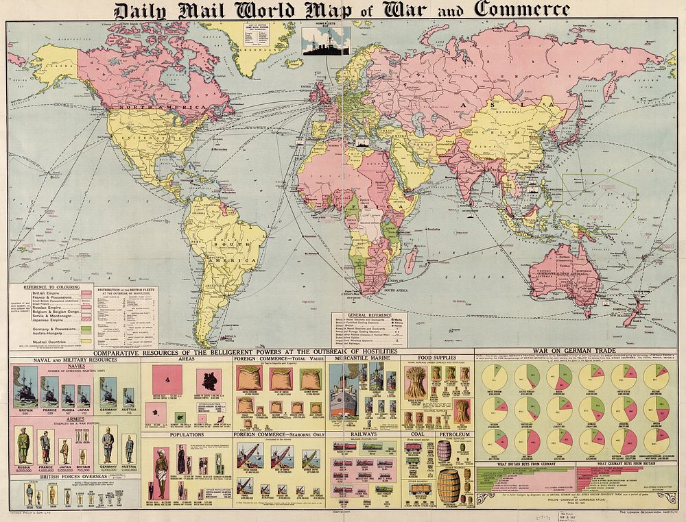 Daily Mail world map of war and commerce (1917) by George Philip & Son