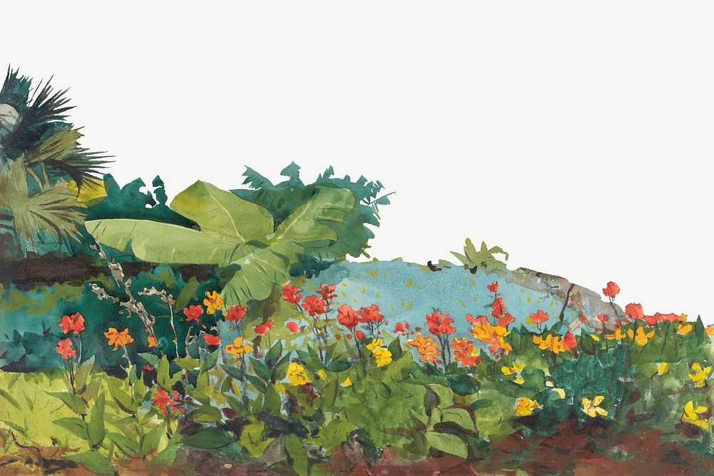 Flower garden, vintage border illustration psd by Winslow Homer. Remixed by rawpixel.