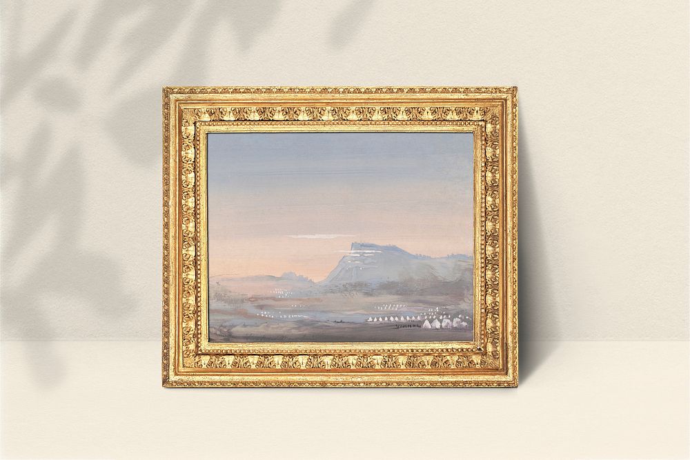 Gold picture frame mockup, vintage design with Lookout Mountain, Tennessee painting psd. Remixed by rawpixel.