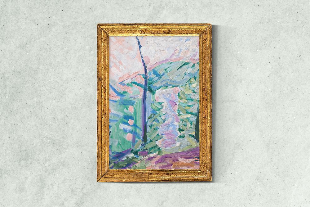 Gold picture frame, vintage design with Forest near Lake Bagsv&aelig;rd by Niels Larsen Stevns painting. Remixed by rawpixel.