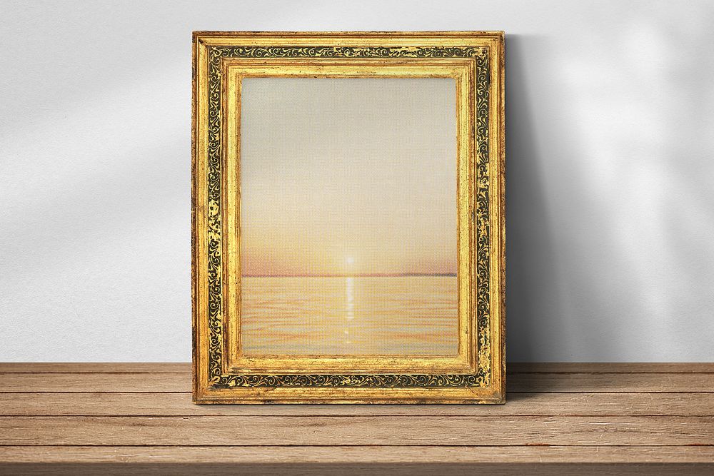 Gold picture frame mockup, vintage design with Greetings from Florida painting psd. Remixed by rawpixel.