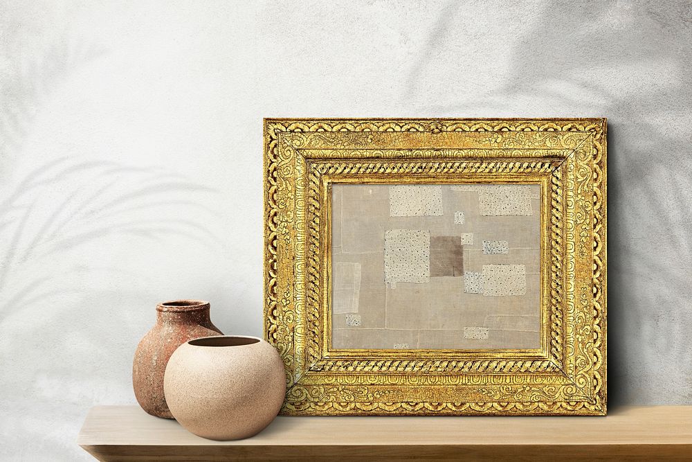 Gold picture frame mockup, vintage design with fabric patchwork psd. Remixed by rawpixel.